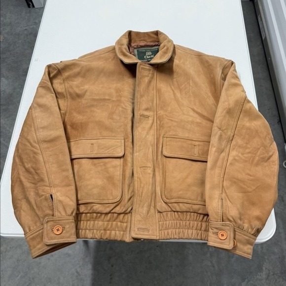 Vintage ORVIS Leather Bomber Jacket Tan Full Zip Collared Casual Outerwear L
